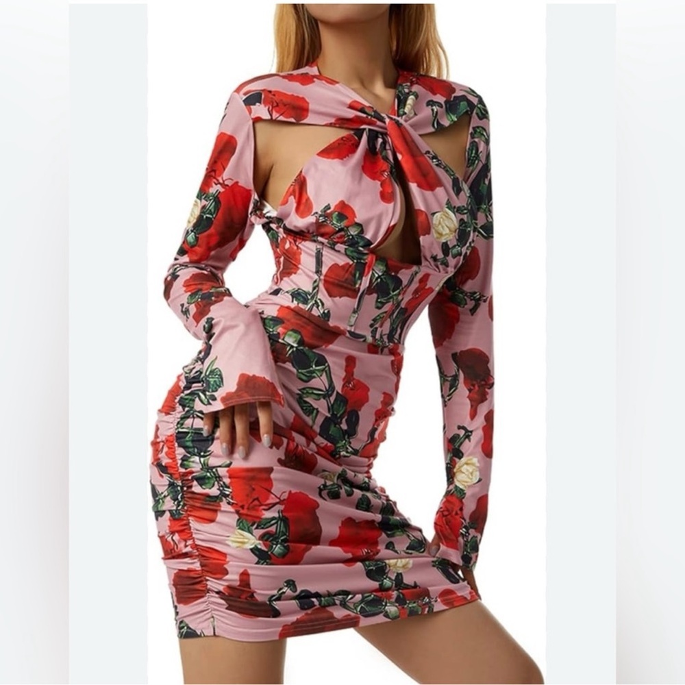 WILDOR / ROSES Floral Print Ruched Bodycon Dress - Small